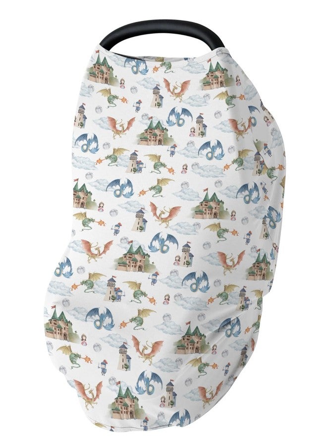 ZoUbqchY Fairytale Dragon and Knights Car Seat Cover for Babies Fantasy Dragons Princess Castle Stretchy 5-in-1 Cover Adjustable Infant Carseat Cover Canopy Moon Clouds Breathable Nursing Cover-Up - Image 1